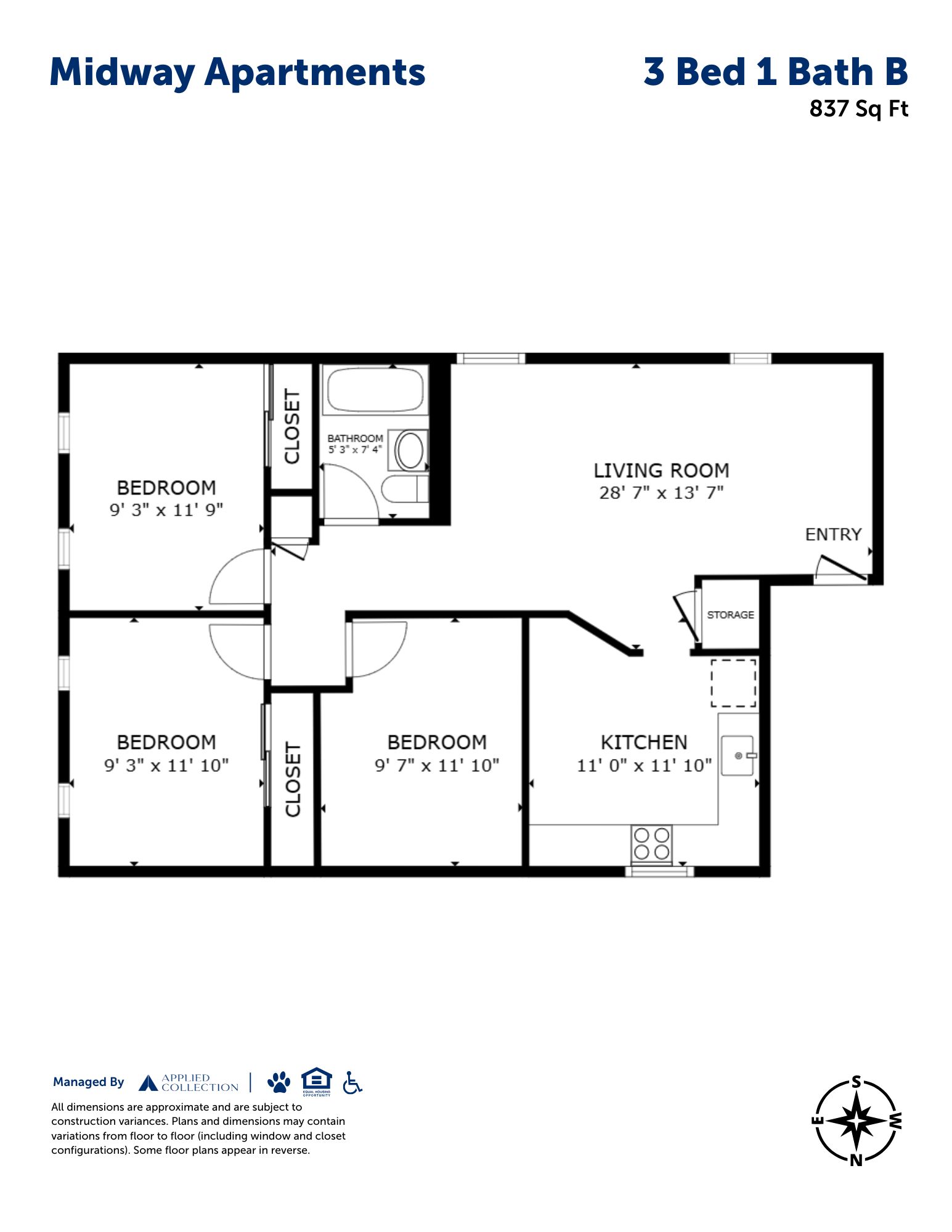 Floor plan for 3 beds, 1 bath, 837 sqft